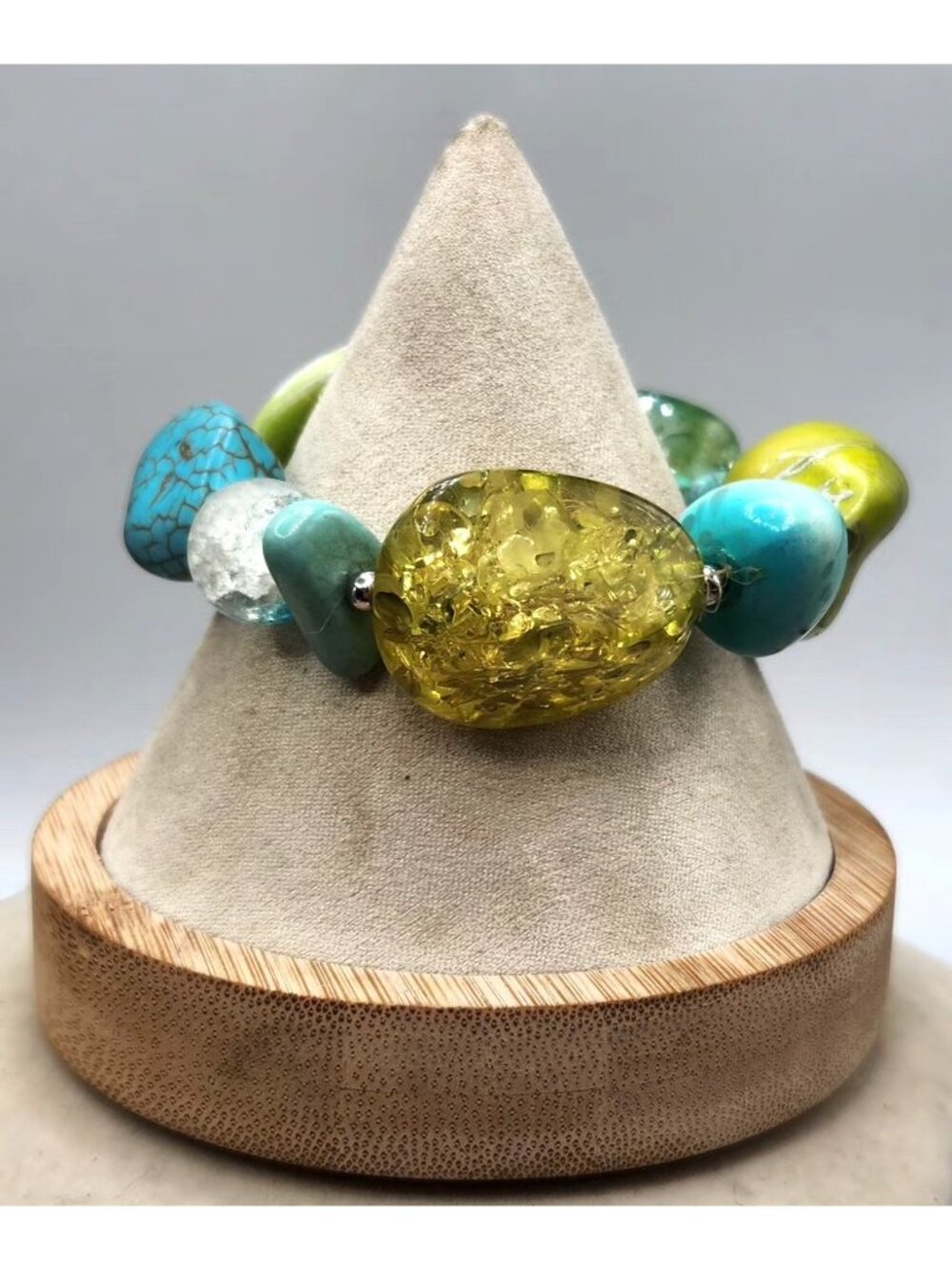 Chunky Beaded Stretch Bracelet With Green Turquoise & Yellow Stones